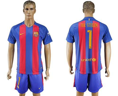 Barcelona #1 Ter Stegen Home With Blue Shorts Soccer Club Jersey